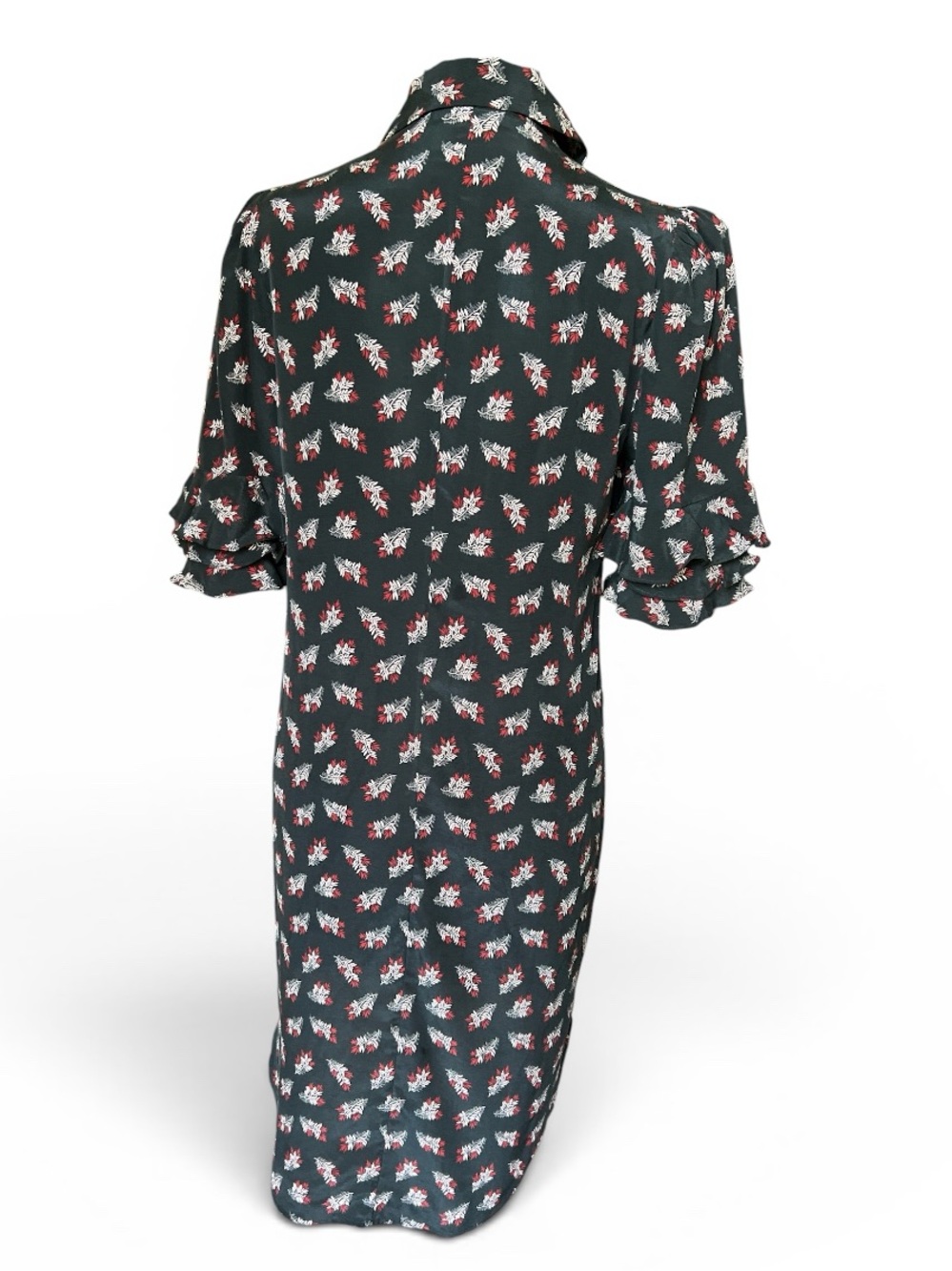 FRAME Size XS Silk Printed Ruffle Sleeve High Low Shirtdress Black Floral - Picture 4 of 7